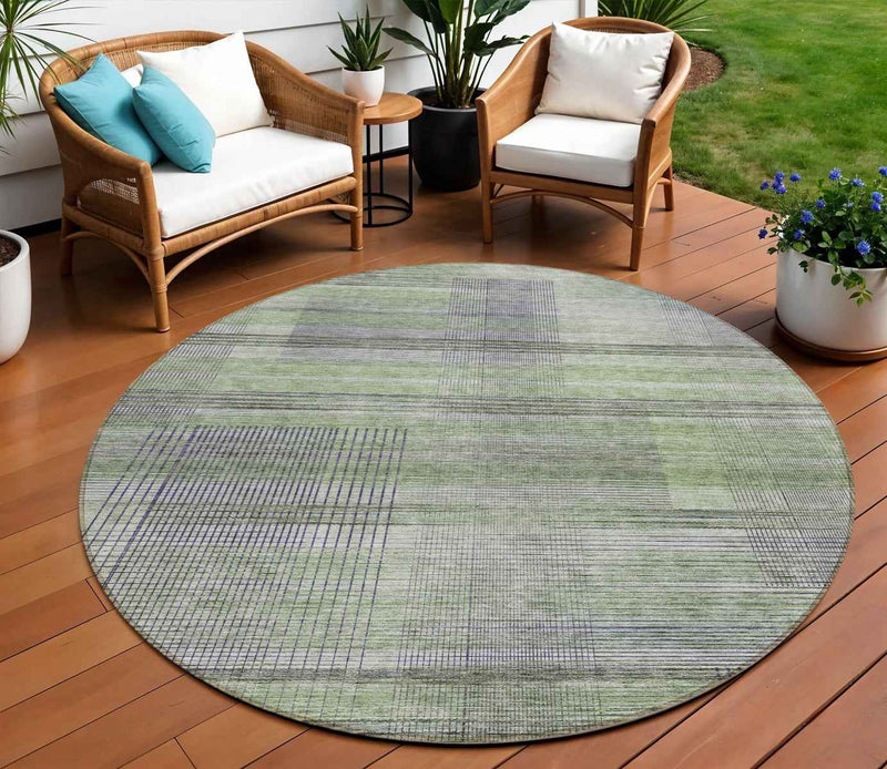 8' Artichoke Green Purple And Fern Green Round Striped Washable Indoor Outdoor Area Rug