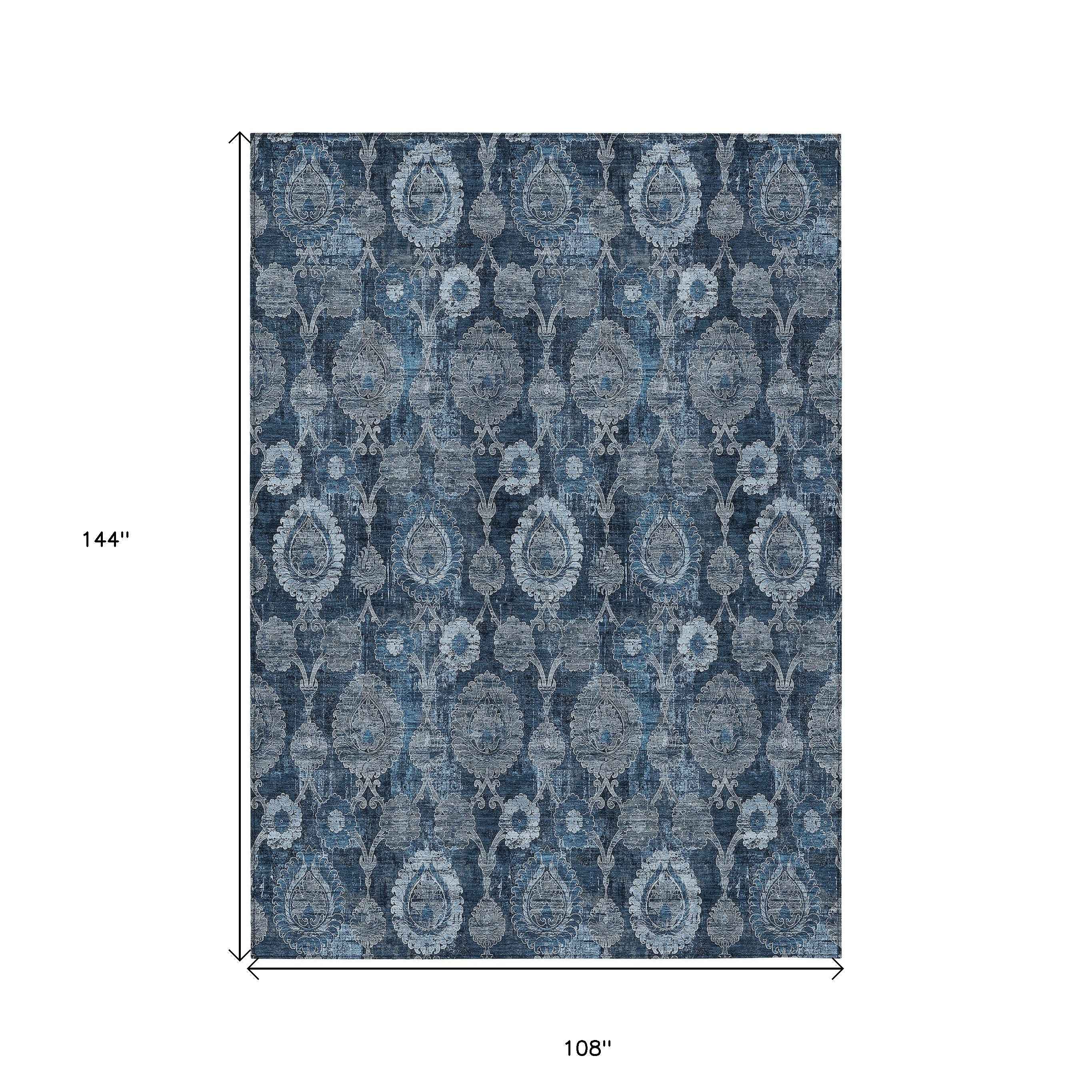 9' X 12' Navy Blue And Denim Blue Damask Washable Indoor Outdoor Area Rug