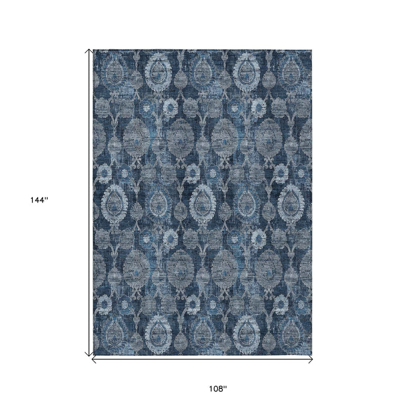 9' X 12' Navy Blue And Denim Blue Damask Washable Indoor Outdoor Area Rug