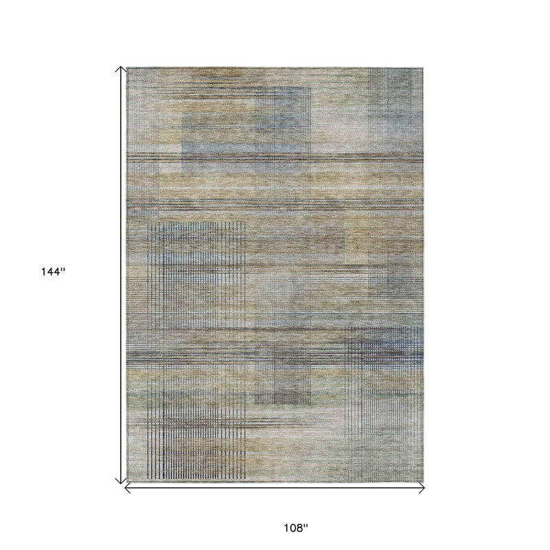 9' X 12' Khaki Tan And Beige Striped Washable Indoor Outdoor Area Rug