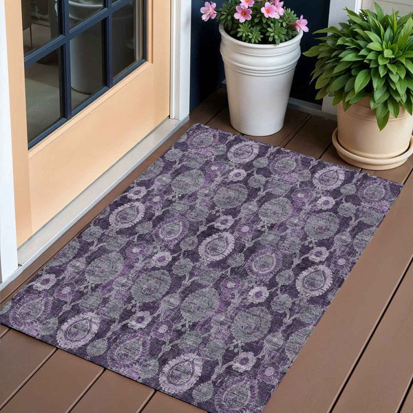 3' X 5' Eggplant Purple And Lavender Damask Washable Indoor Outdoor Area Rug