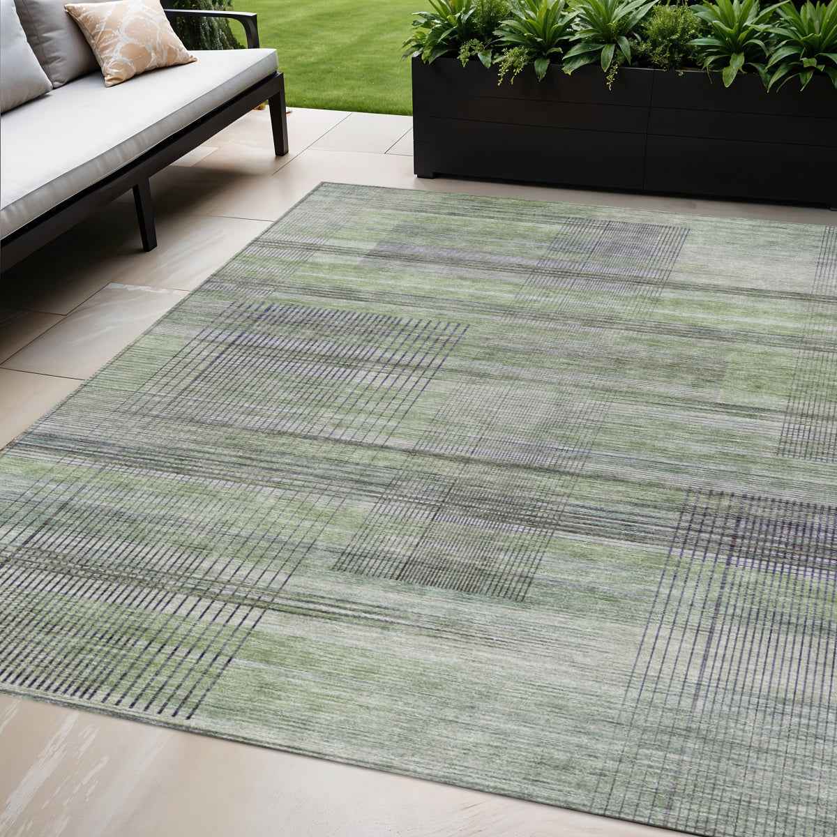 5' X 8' Artichoke Green Purple And Fern Green Striped Washable Indoor Outdoor Area Rug