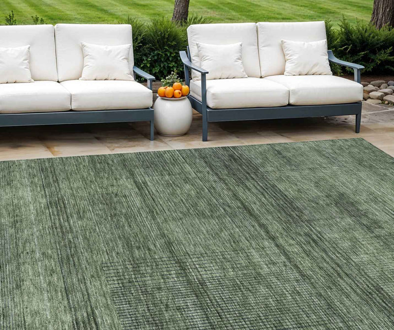 10' X 14' Olive Green And Gray Striped Washable Indoor Outdoor Area Rug