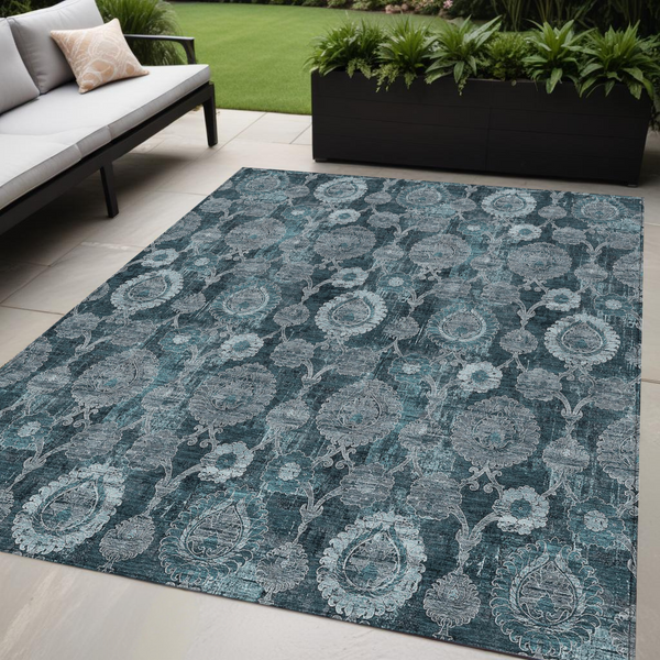 5' X 8' Teal Blue And Sky Blue Damask Washable Indoor Outdoor Area Rug