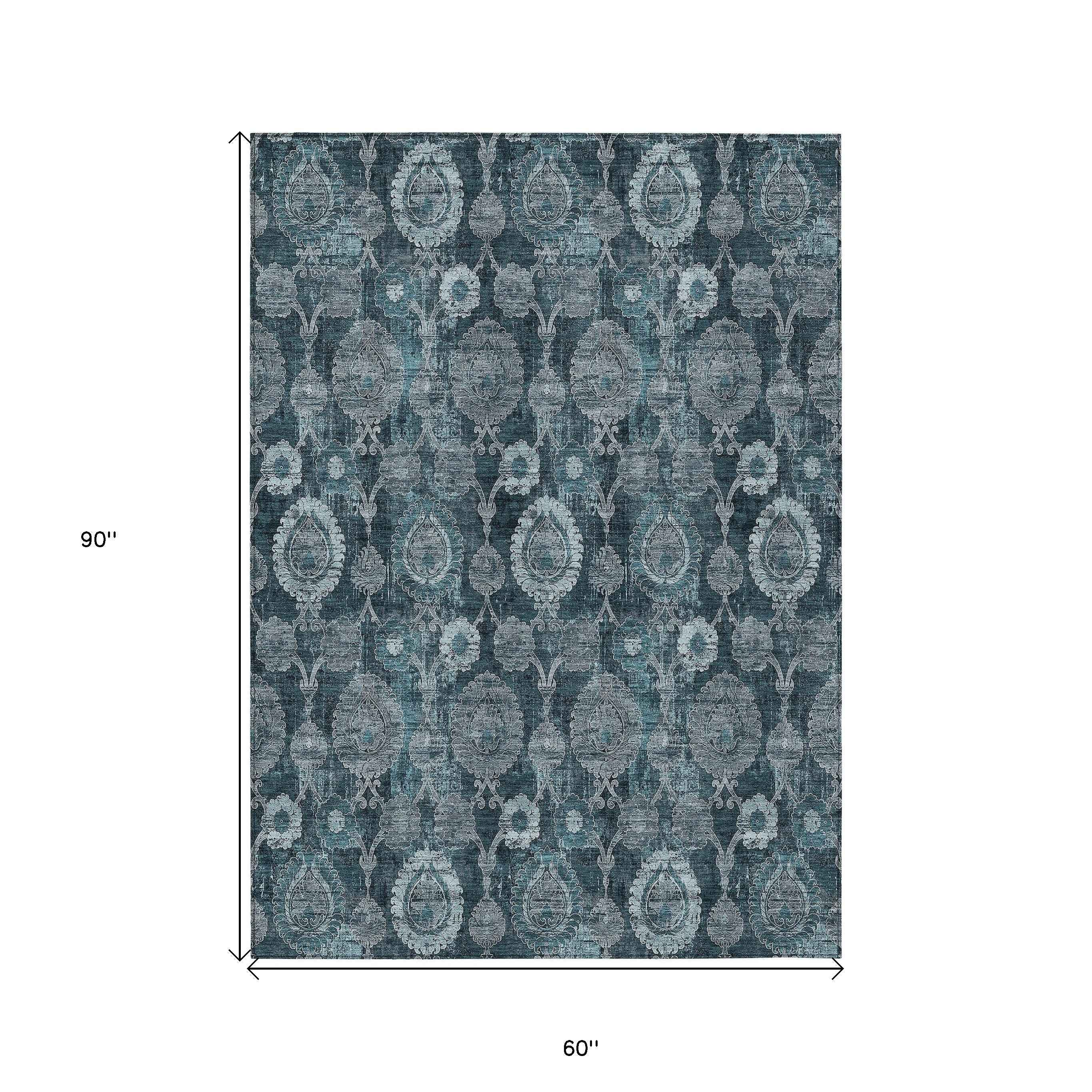 5' X 8' Teal Blue And Sky Blue Damask Washable Indoor Outdoor Area Rug