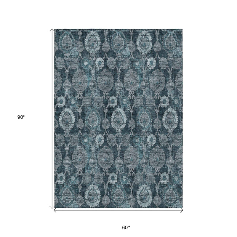 5' X 8' Teal Blue And Sky Blue Damask Washable Indoor Outdoor Area Rug