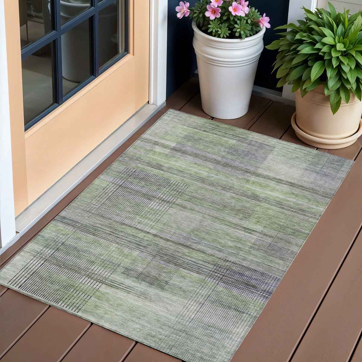 3' X 5' Artichoke Green Purple And Fern Green Striped Washable Indoor Outdoor Area Rug
