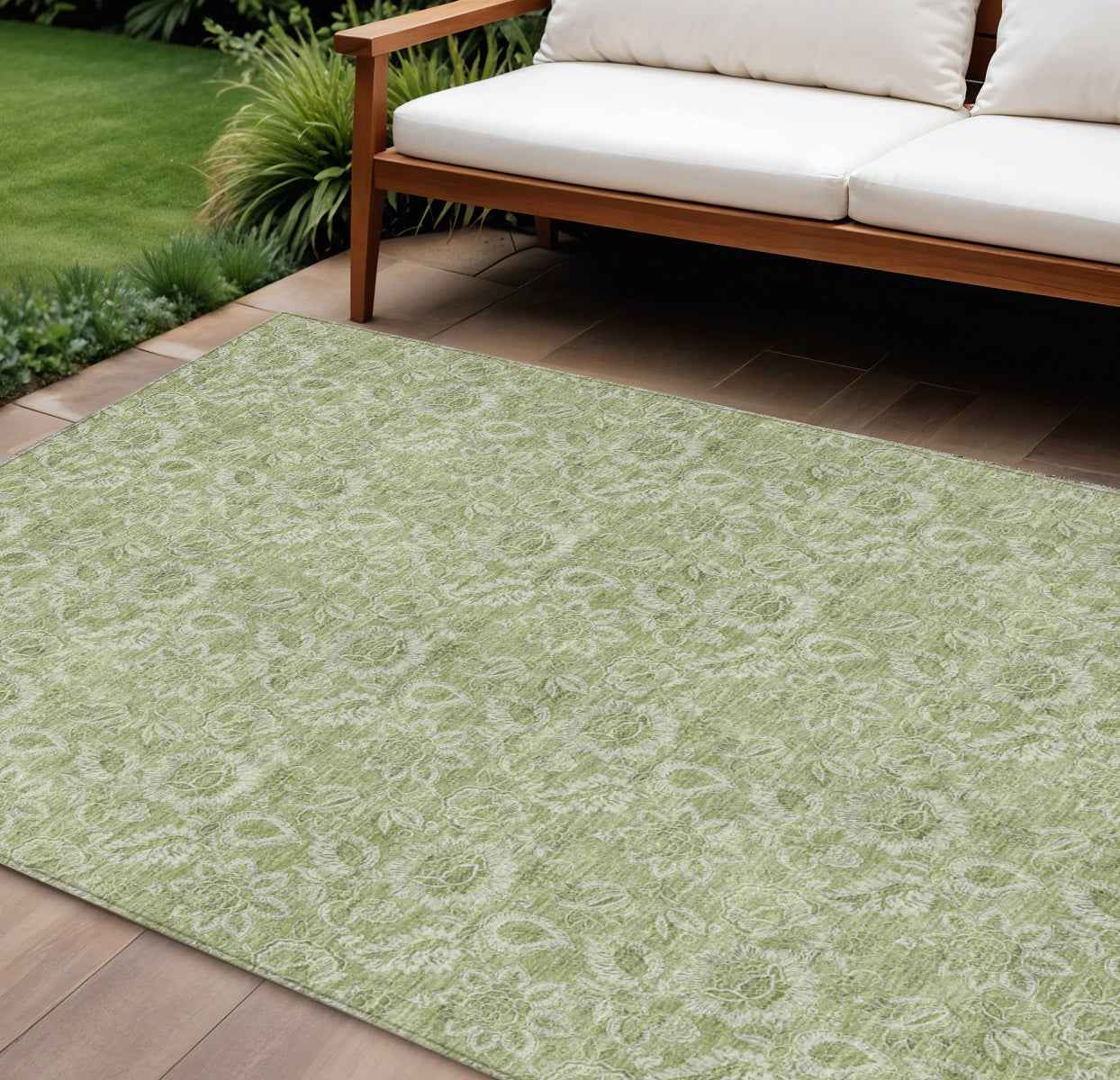 9' X 12' Green Blue And Ivory Floral Washable Indoor Outdoor Area Rug