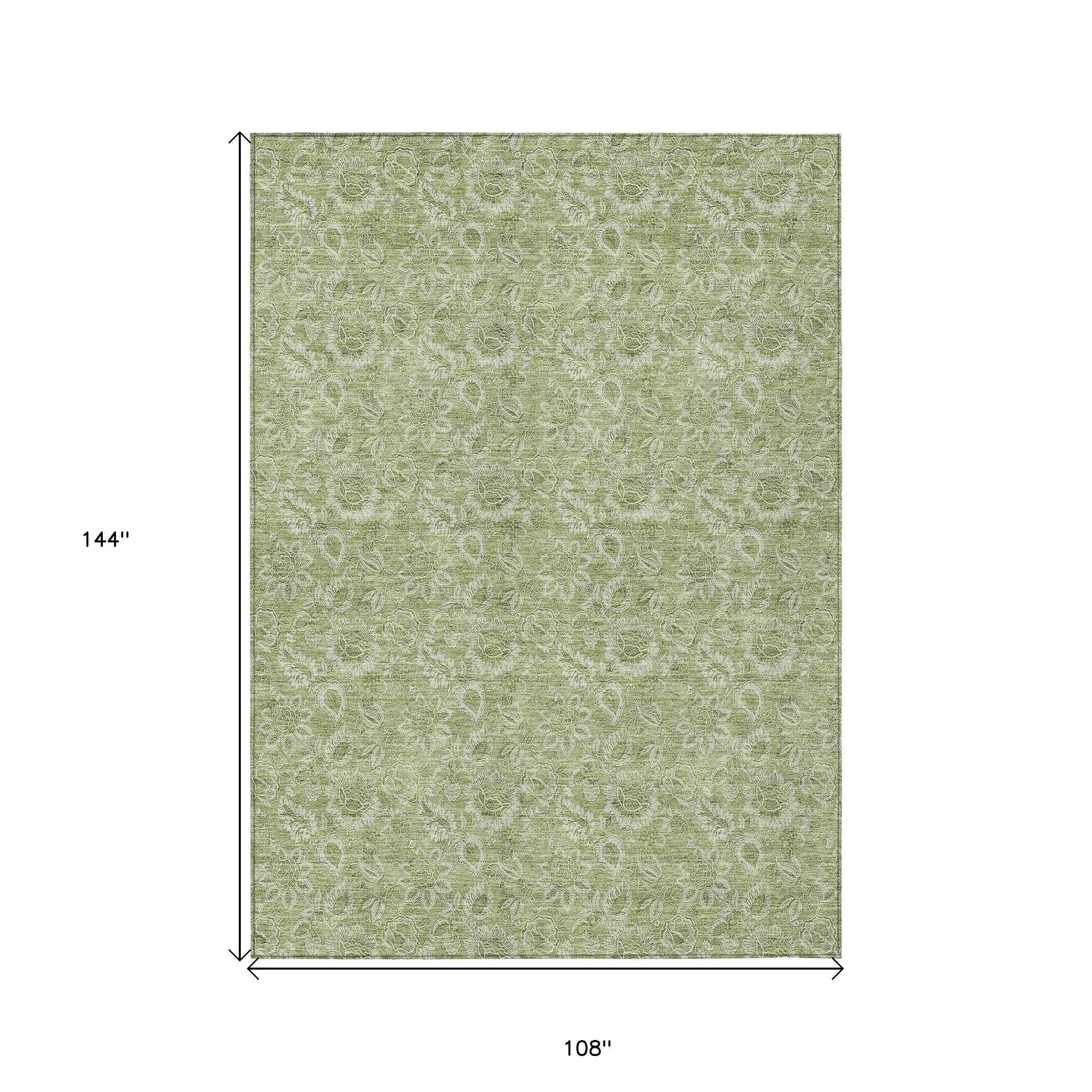 9' X 12' Green Blue And Ivory Floral Washable Indoor Outdoor Area Rug
