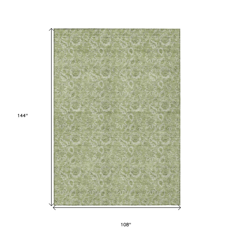 9' X 12' Green Blue And Ivory Floral Washable Indoor Outdoor Area Rug