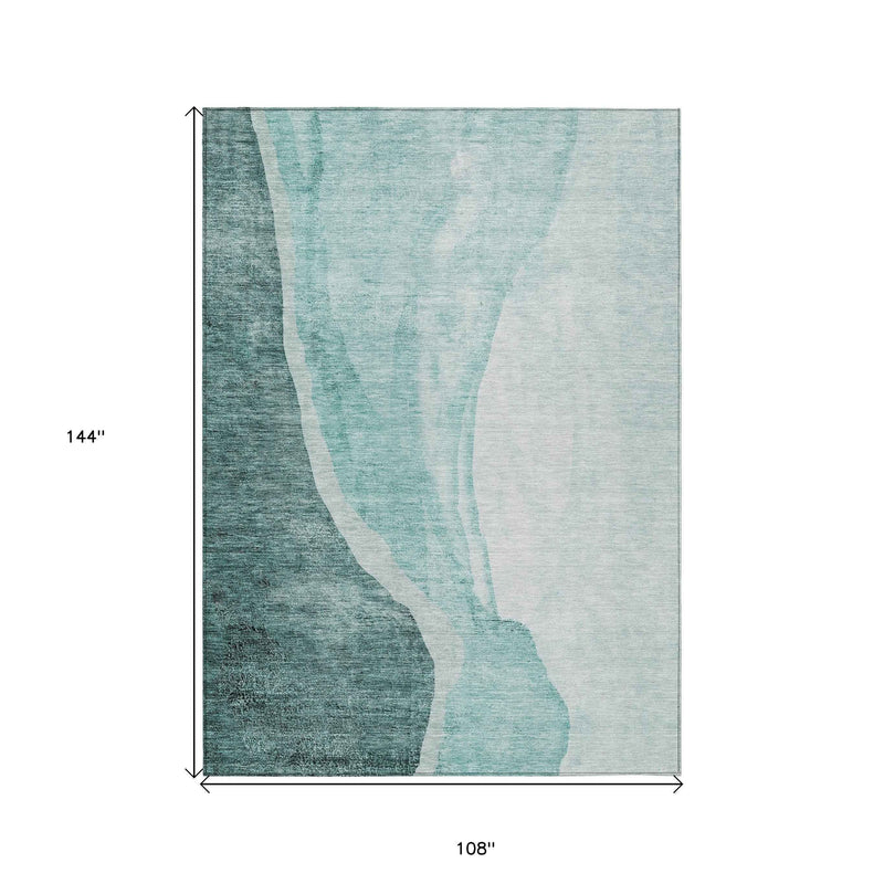 9' X 12' Teal Blue Aqua And Mint Green Abstract Washable Indoor Outdoor Area Rug