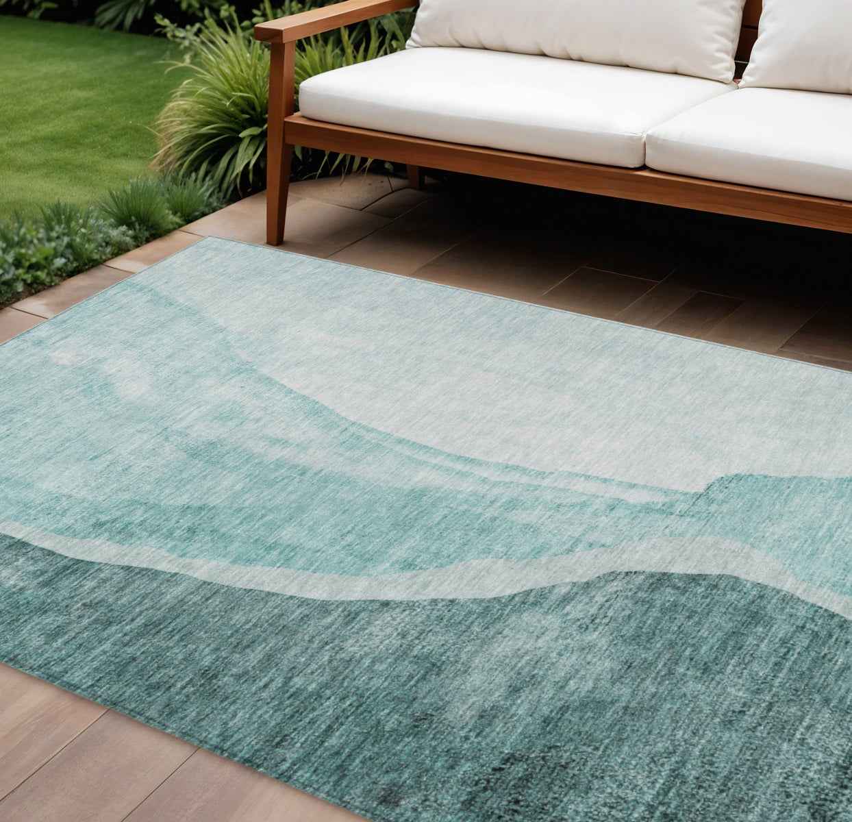 9' X 12' Teal Blue Aqua And Mint Green Abstract Washable Indoor Outdoor Area Rug