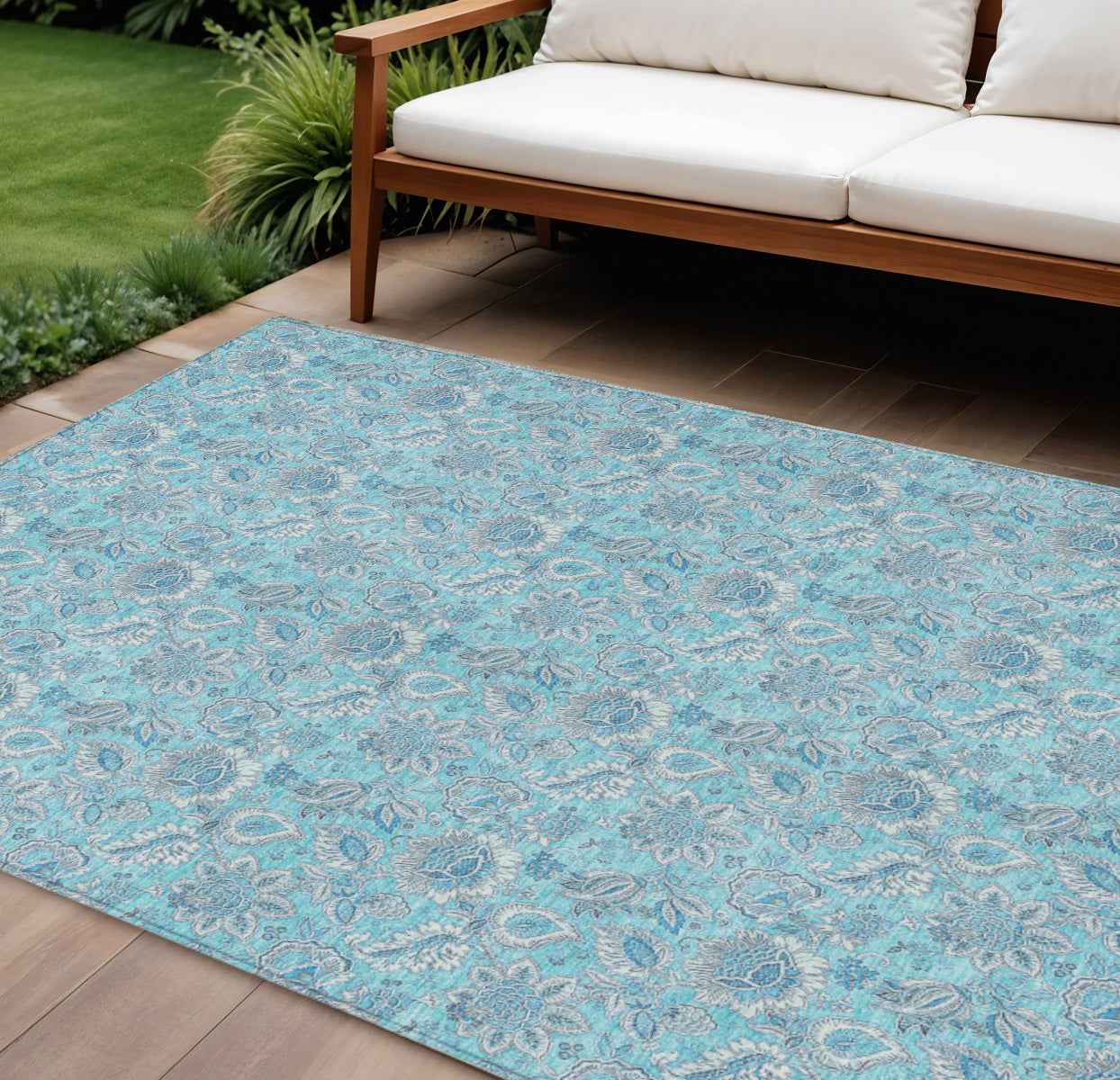 5' X 8' Aqua Blue And Silver Floral Washable Indoor Outdoor Area Rug
