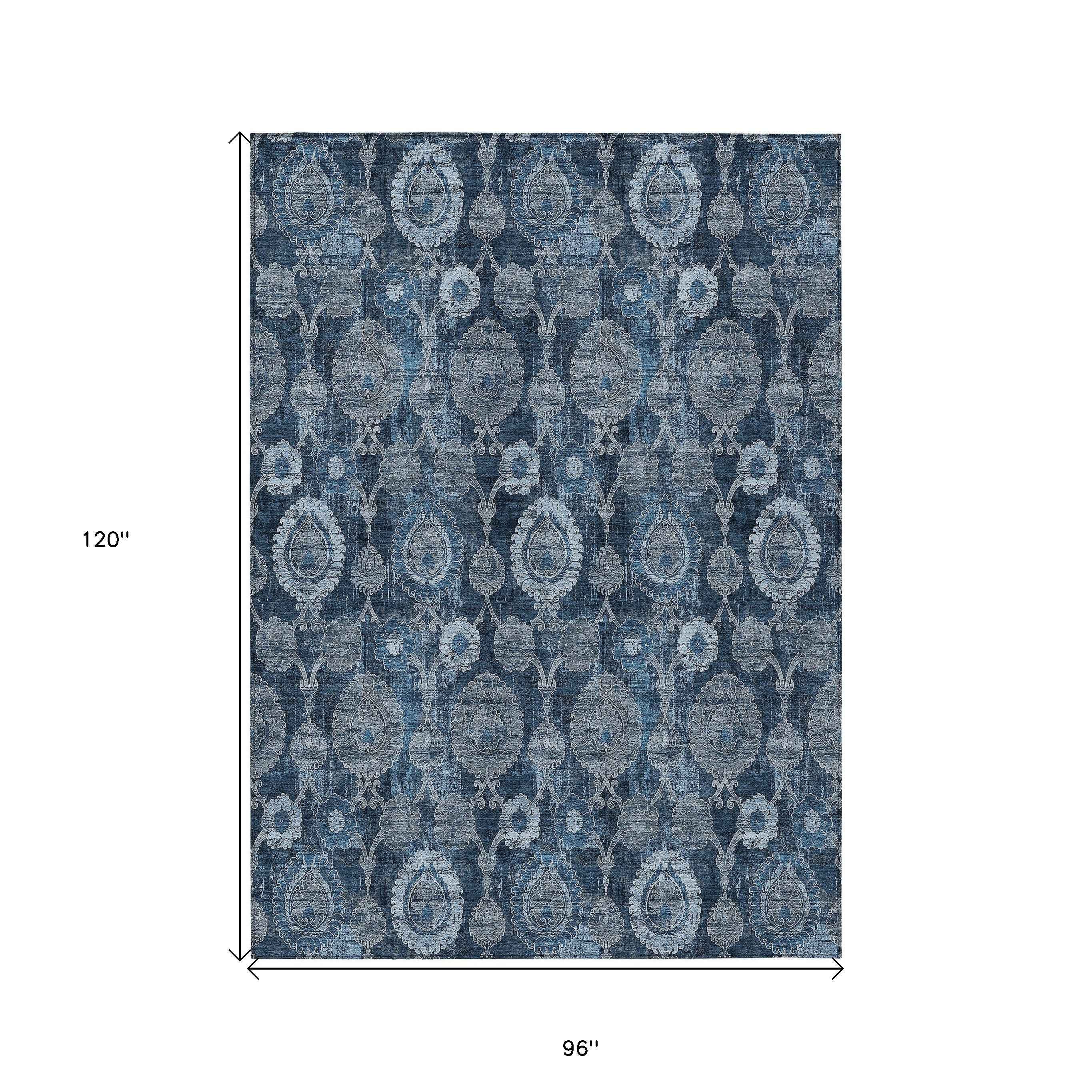 8' X 10' Navy Blue And Denim Blue Damask Washable Indoor Outdoor Area Rug