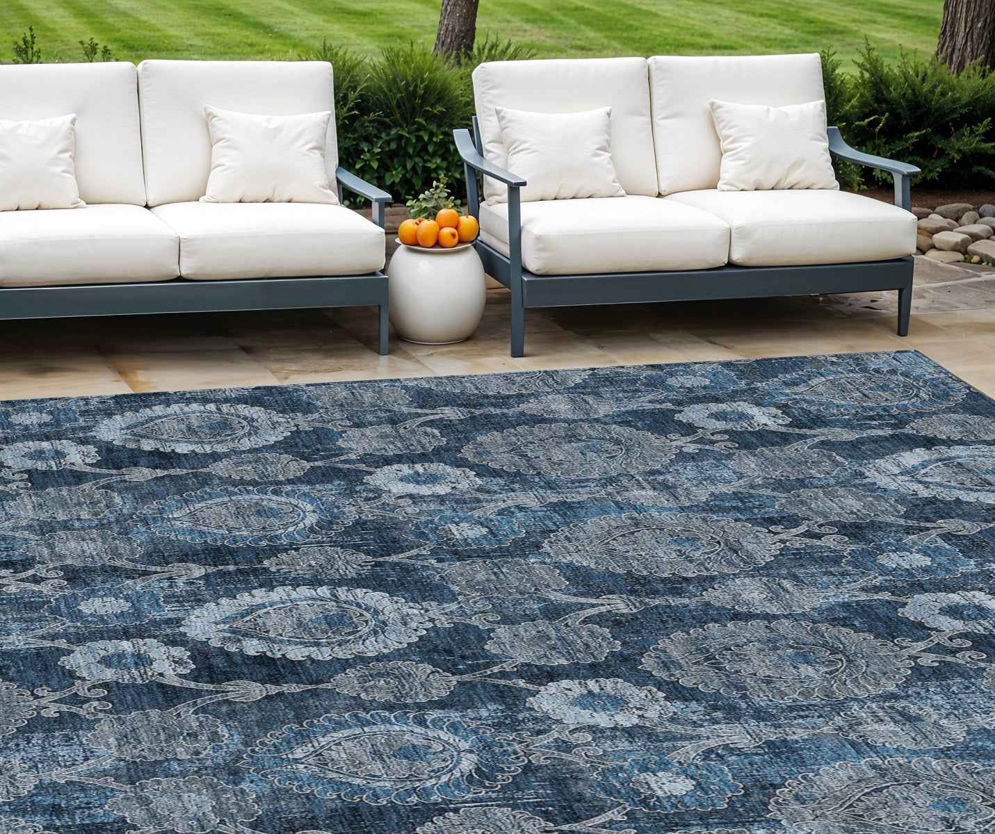 8' X 10' Navy Blue And Denim Blue Damask Washable Indoor Outdoor Area Rug