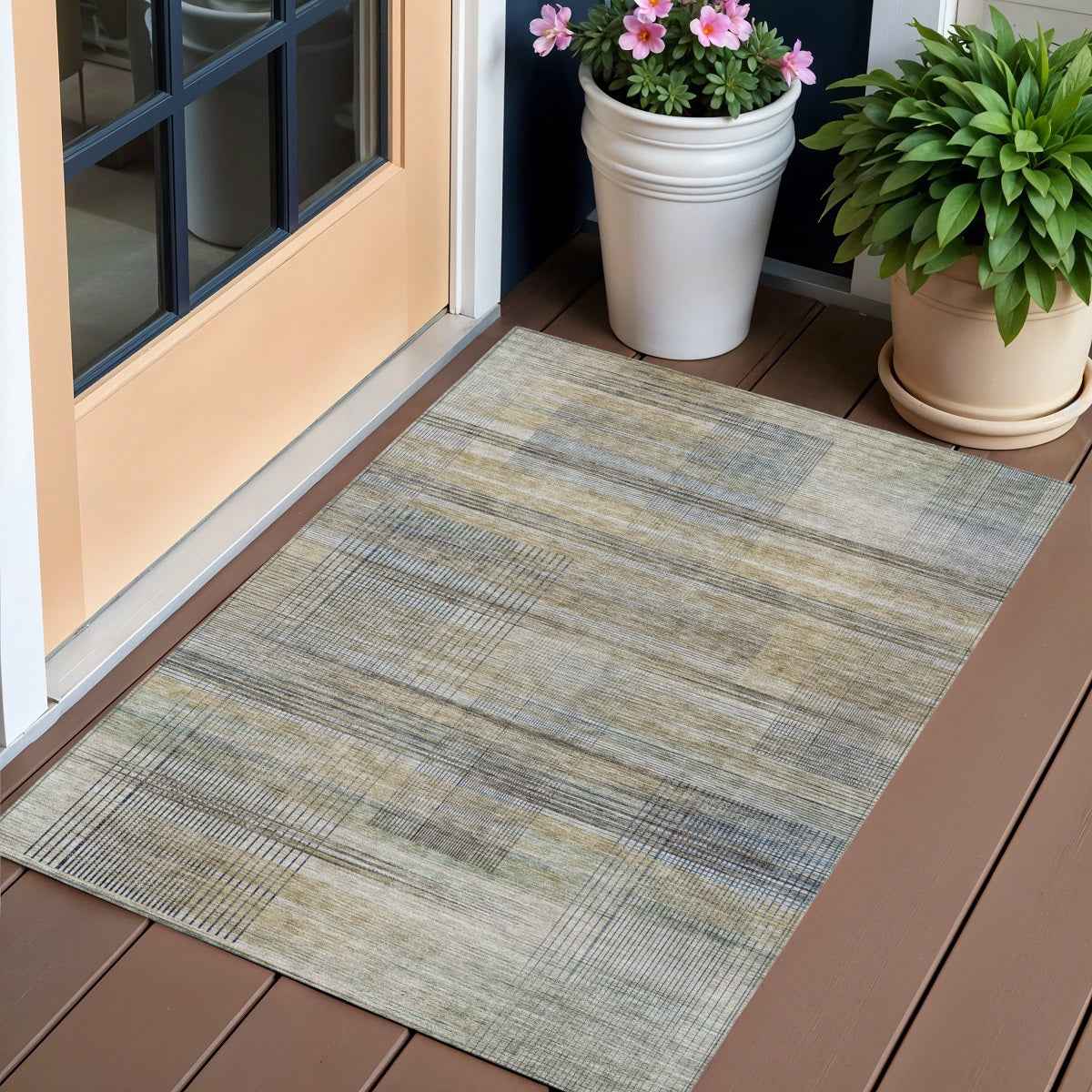 3' X 5' Khaki Tan And Beige Striped Washable Indoor Outdoor Area Rug