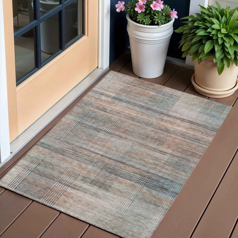 3' X 5' Copper Gray And Blue Striped Washable Indoor Outdoor Area Rug