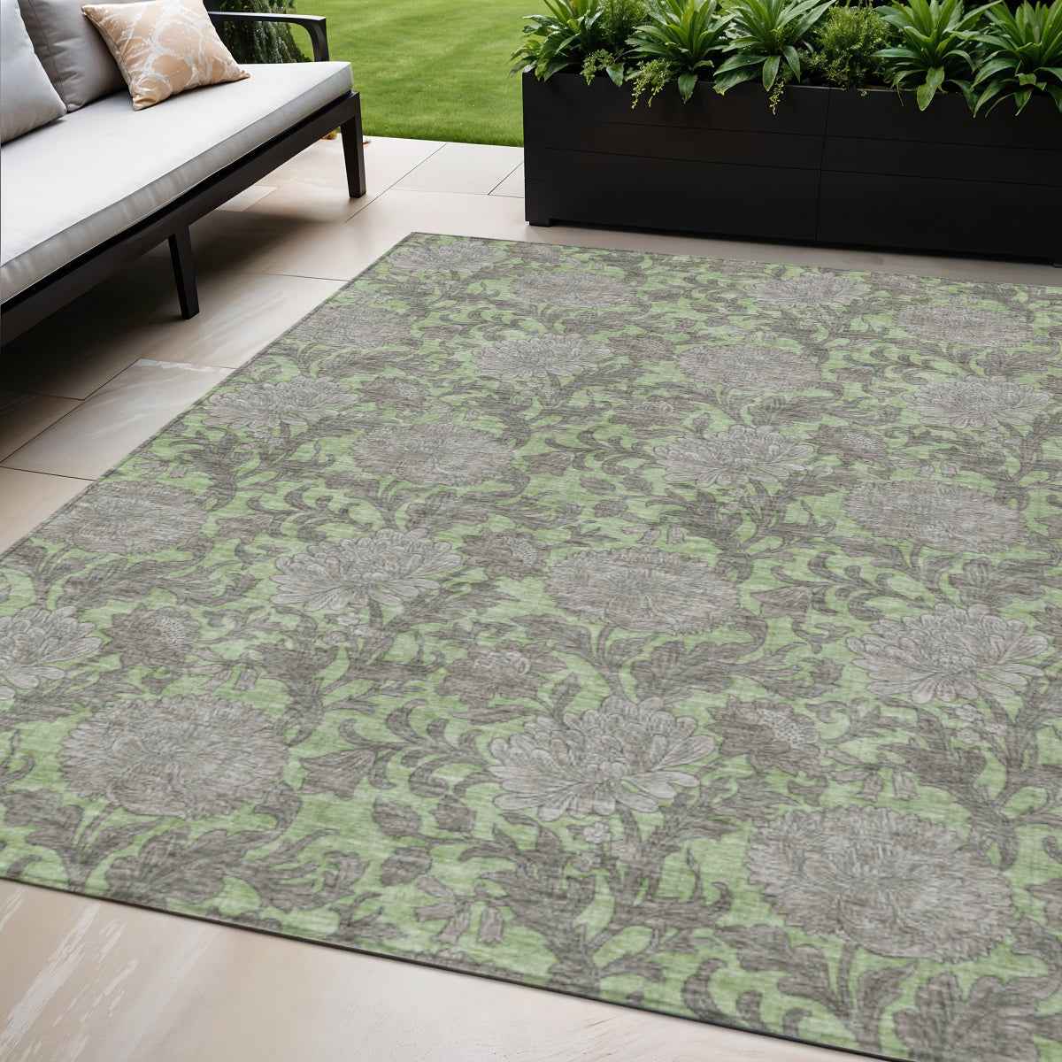 5' X 8' Artichoke Green Gray And Taupe Floral Washable Indoor Outdoor Area Rug