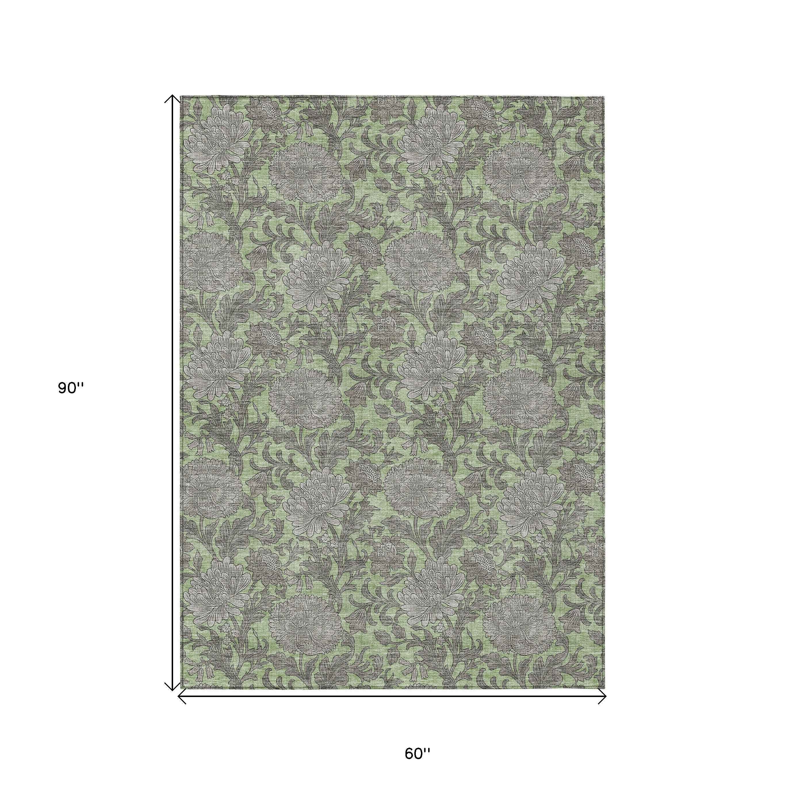 5' X 8' Artichoke Green Gray And Taupe Floral Washable Indoor Outdoor Area Rug