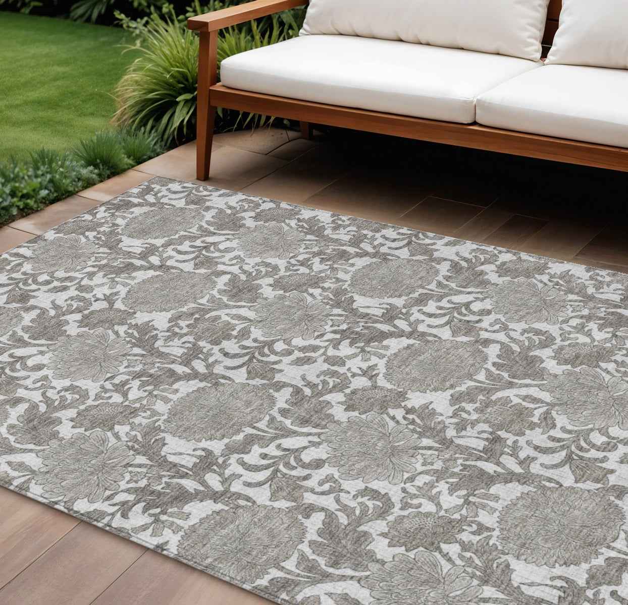 9' X 12' Ivory And Gray Floral Washable Indoor Outdoor Area Rug