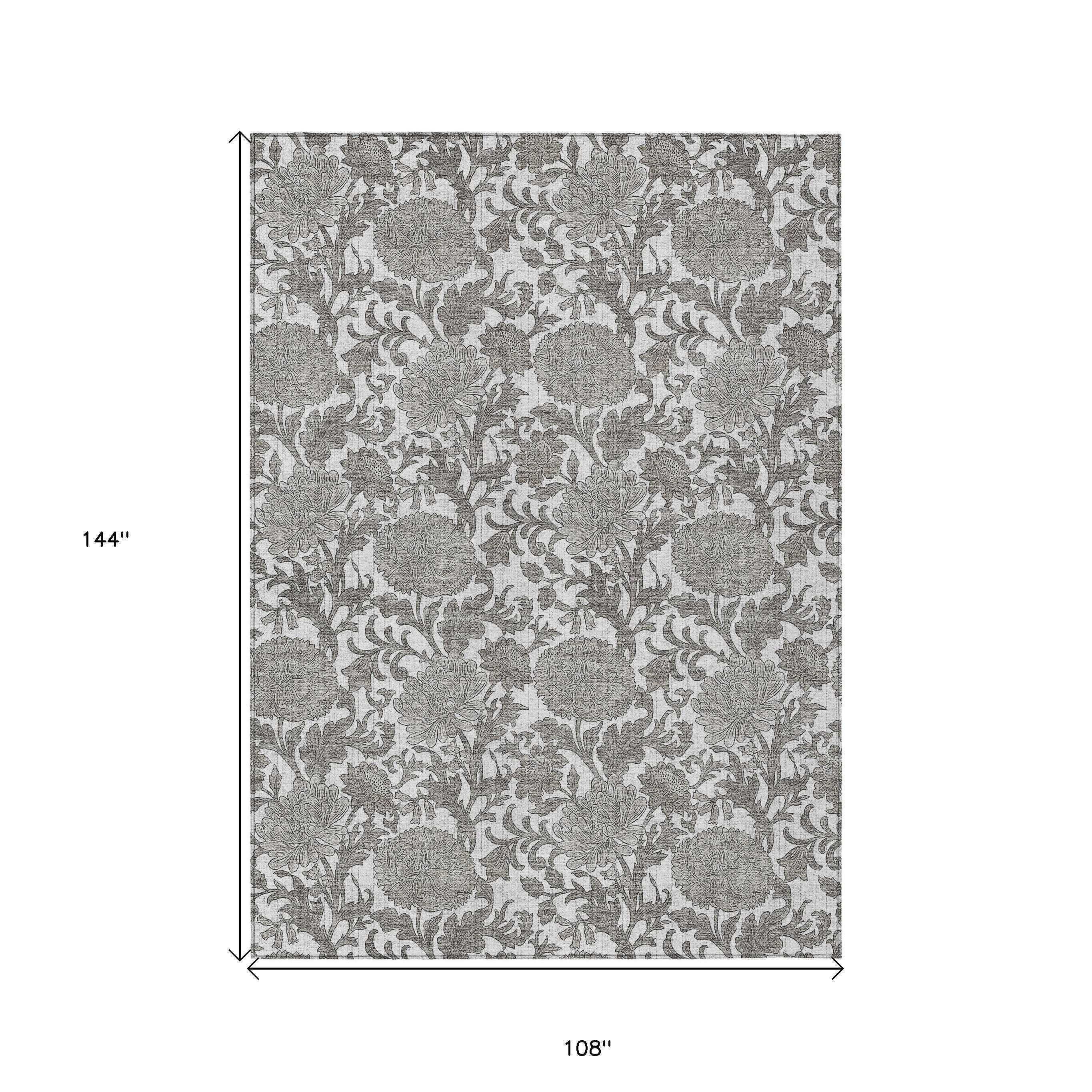 9' X 12' Ivory And Gray Floral Washable Indoor Outdoor Area Rug