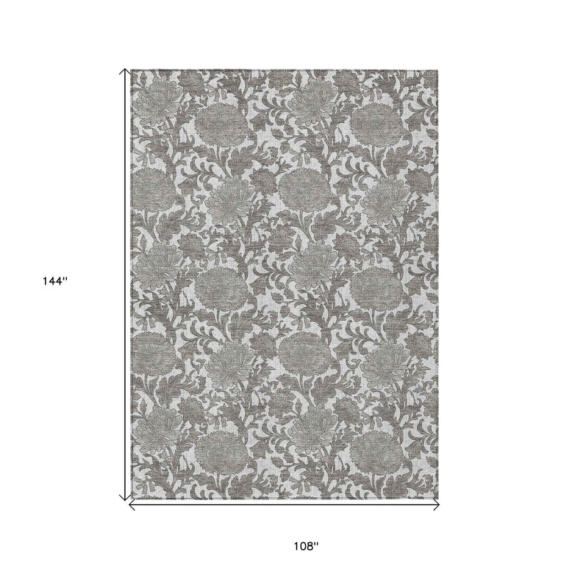 9' X 12' Ivory And Gray Floral Washable Indoor Outdoor Area Rug