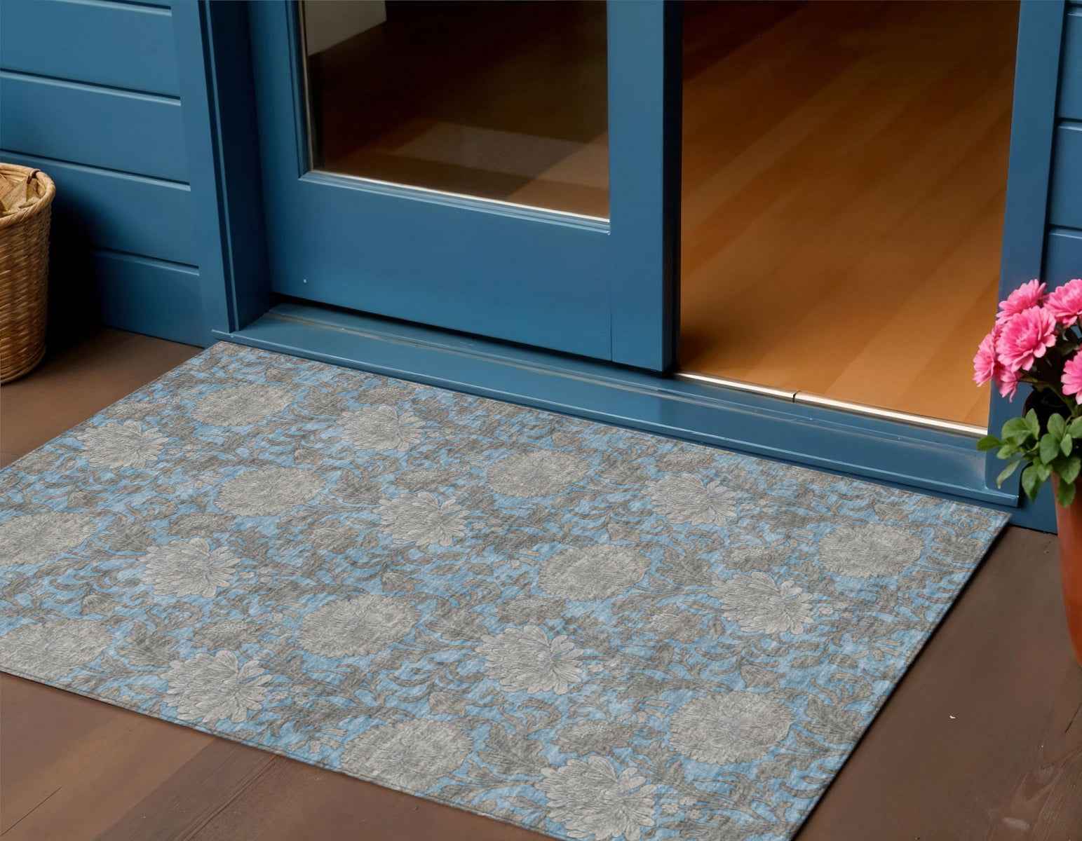 3' X 5' Blue Gray And Silver Floral Washable Indoor Outdoor Area Rug