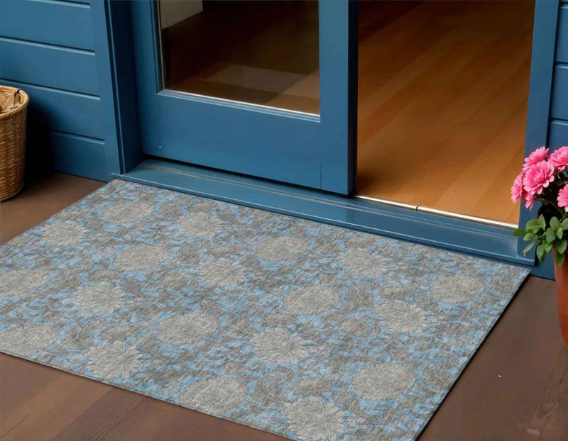 3' X 5' Blue Gray And Silver Floral Washable Indoor Outdoor Area Rug