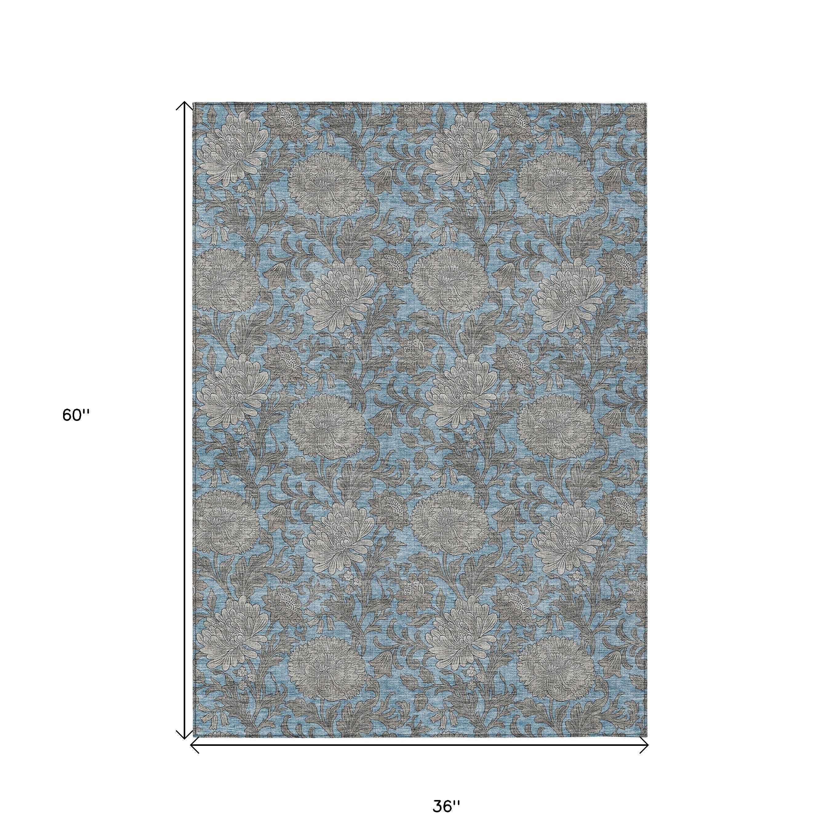 3' X 5' Blue Gray And Silver Floral Washable Indoor Outdoor Area Rug