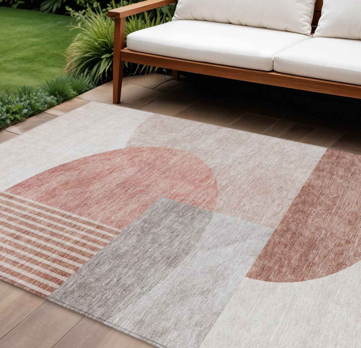 8' X 10' Copper Red And Gray Geometric Washable Indoor Outdoor Area Rug
