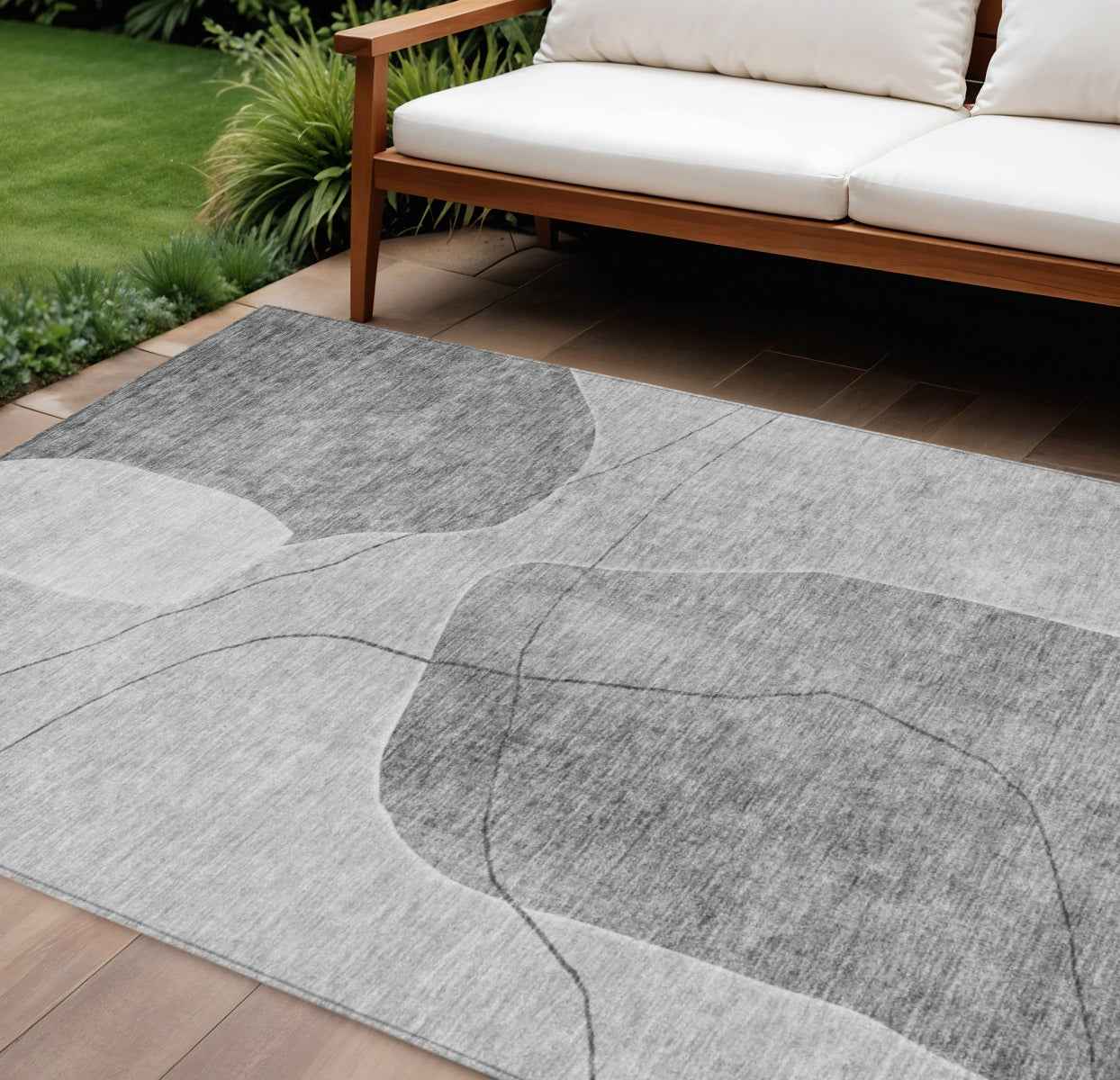 9' X 12' Gray Charcoal And Silver Abstract Washable Indoor Outdoor Area Rug