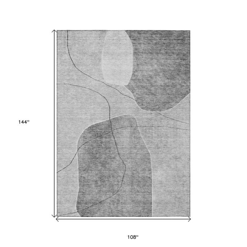 9' X 12' Gray Charcoal And Silver Abstract Washable Indoor Outdoor Area Rug