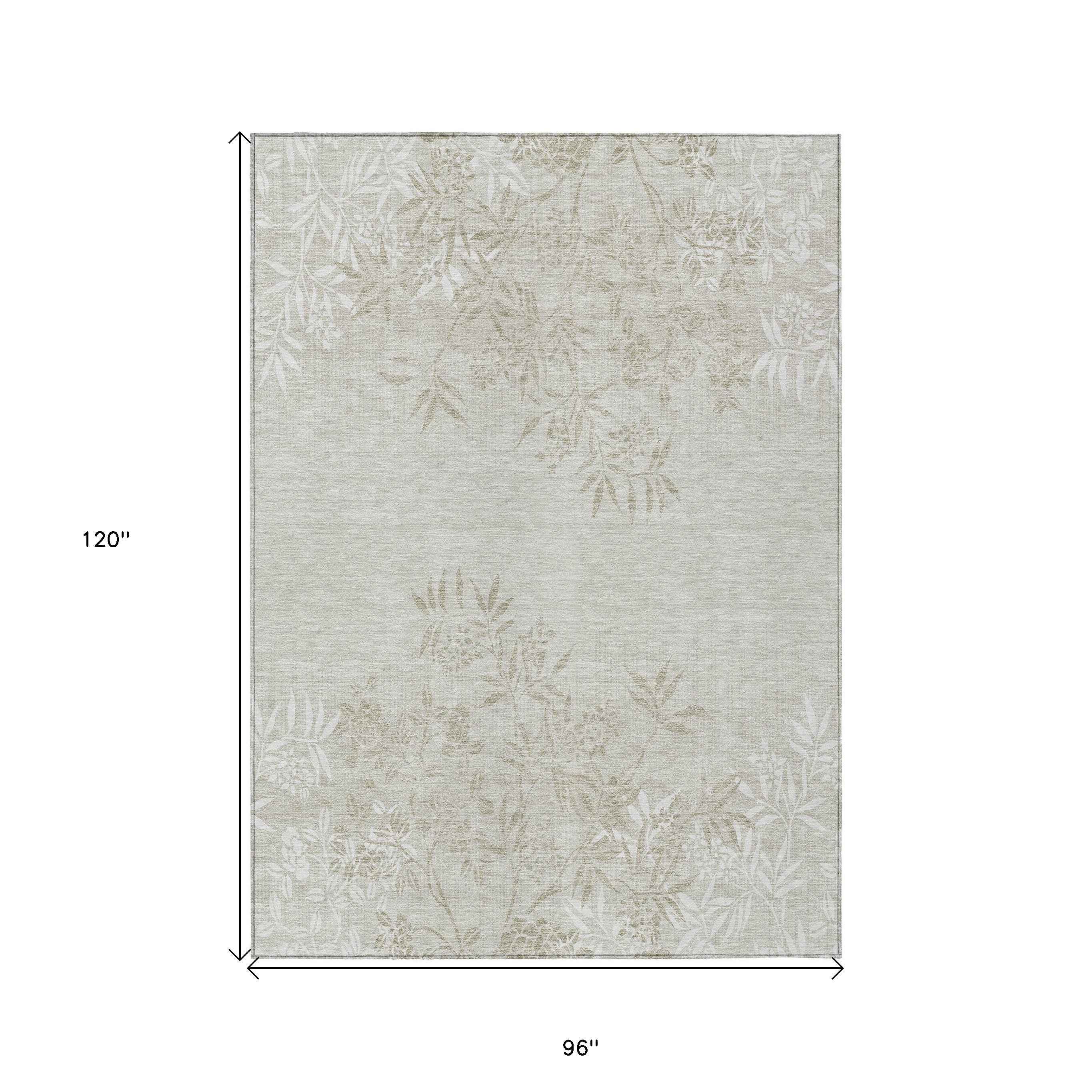 8' X 10' Beige Tan And Ivory Floral Washable Indoor Outdoor Area Rug