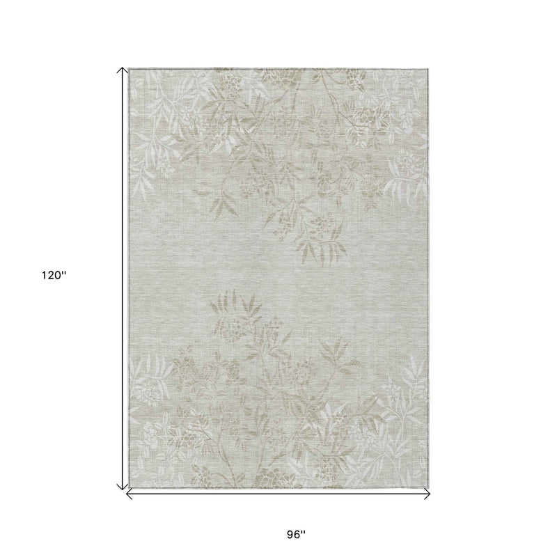 8' X 10' Beige Tan And Ivory Floral Washable Indoor Outdoor Area Rug