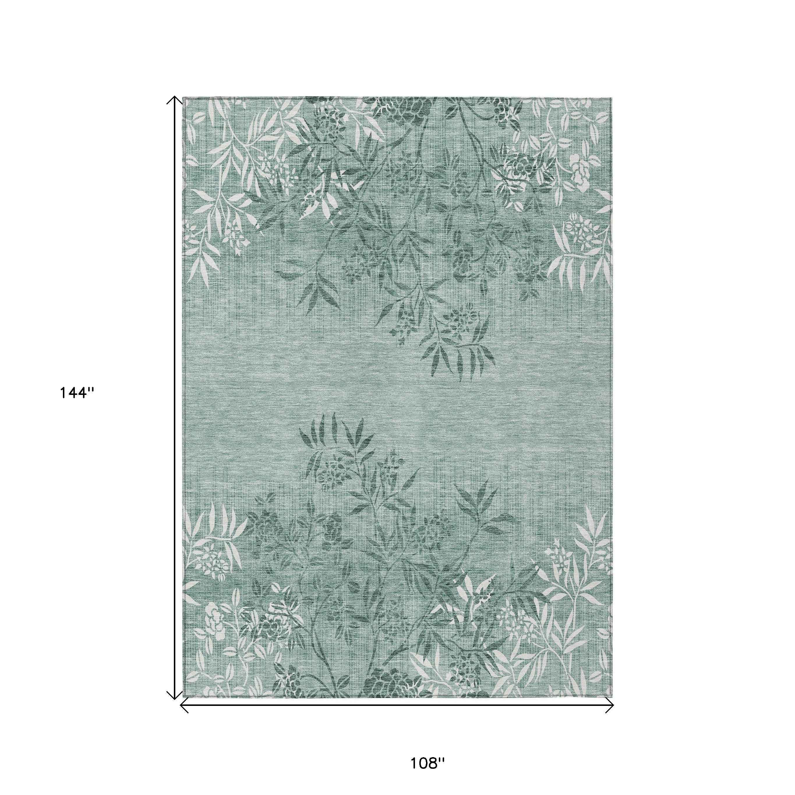 9' X 12' Sage Fern Green And Ivory Floral Washable Indoor Outdoor Area Rug