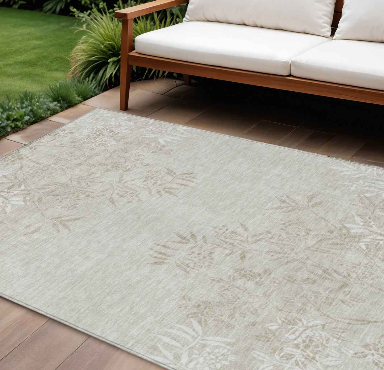 8' X 10' Beige Tan And Ivory Floral Washable Indoor Outdoor Area Rug