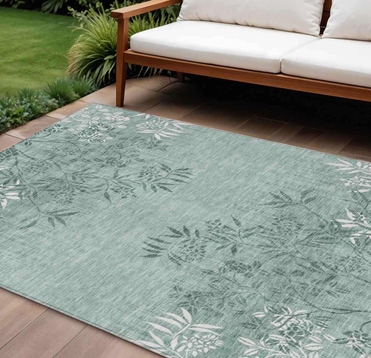 9' X 12' Sage Fern Green And Ivory Floral Washable Indoor Outdoor Area Rug
