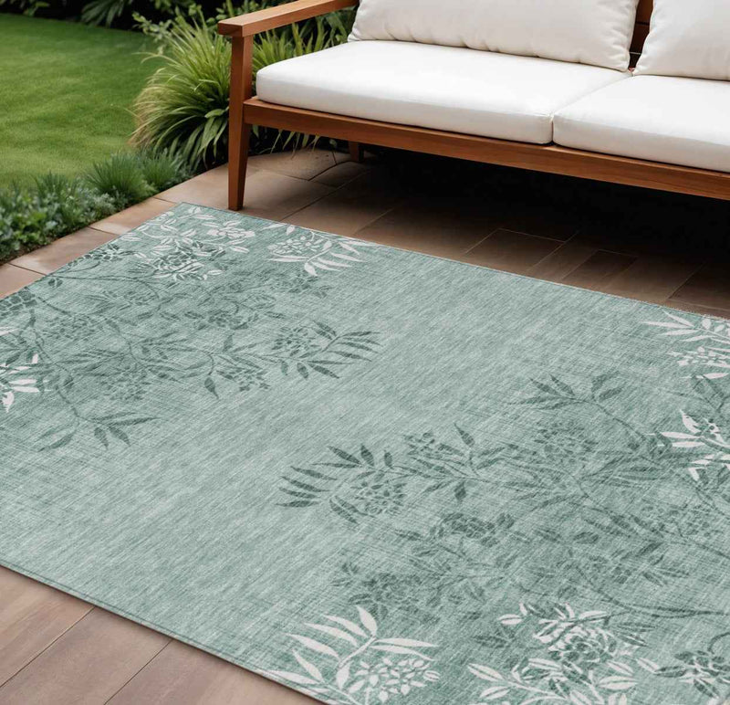 9' X 12' Sage Fern Green And Ivory Floral Washable Indoor Outdoor Area Rug