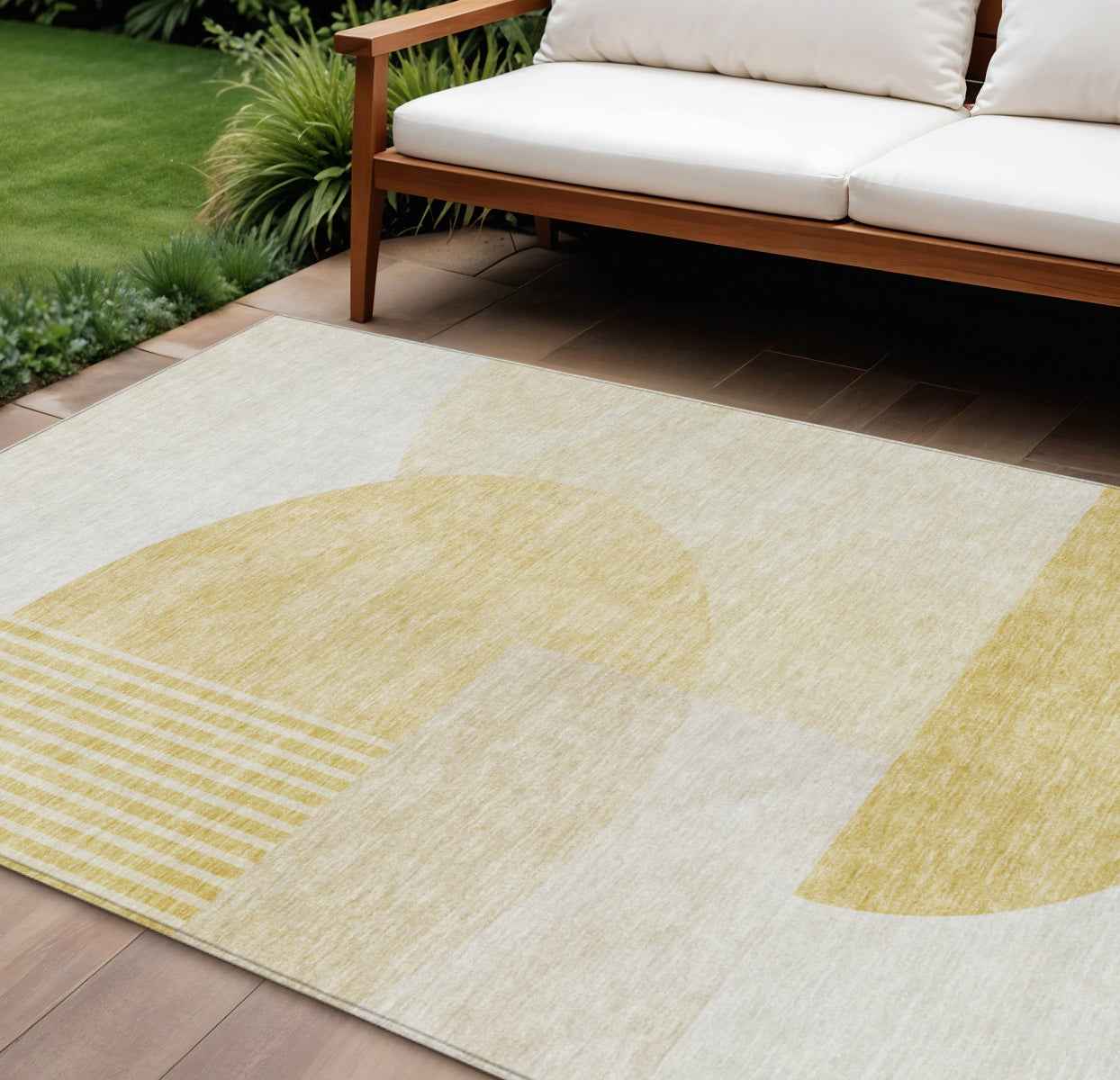 9' X 12' Gold Wheat And Ivory Geometric Washable Indoor Outdoor Area Rug