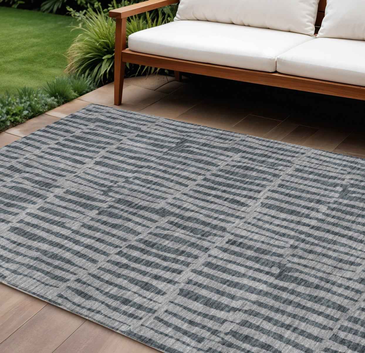 8' X 10' Charcoal And Gray Striped Washable Indoor Outdoor Area Rug