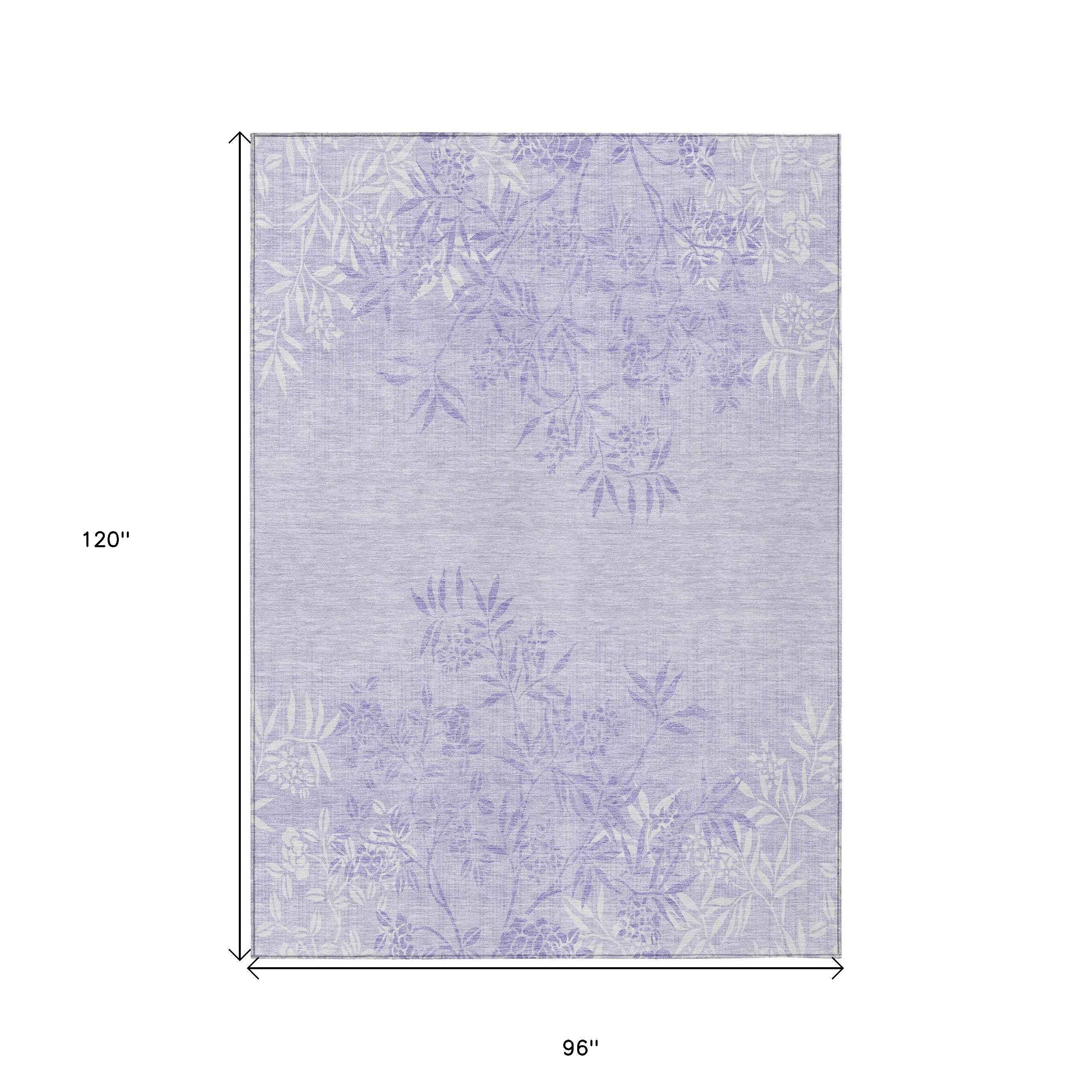 8' X 10' Lilac Purple And Ivory Floral Washable Indoor Outdoor Area Rug