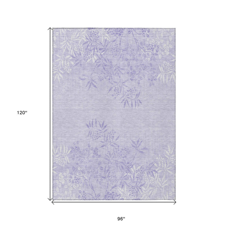8' X 10' Lilac Purple And Ivory Floral Washable Indoor Outdoor Area Rug