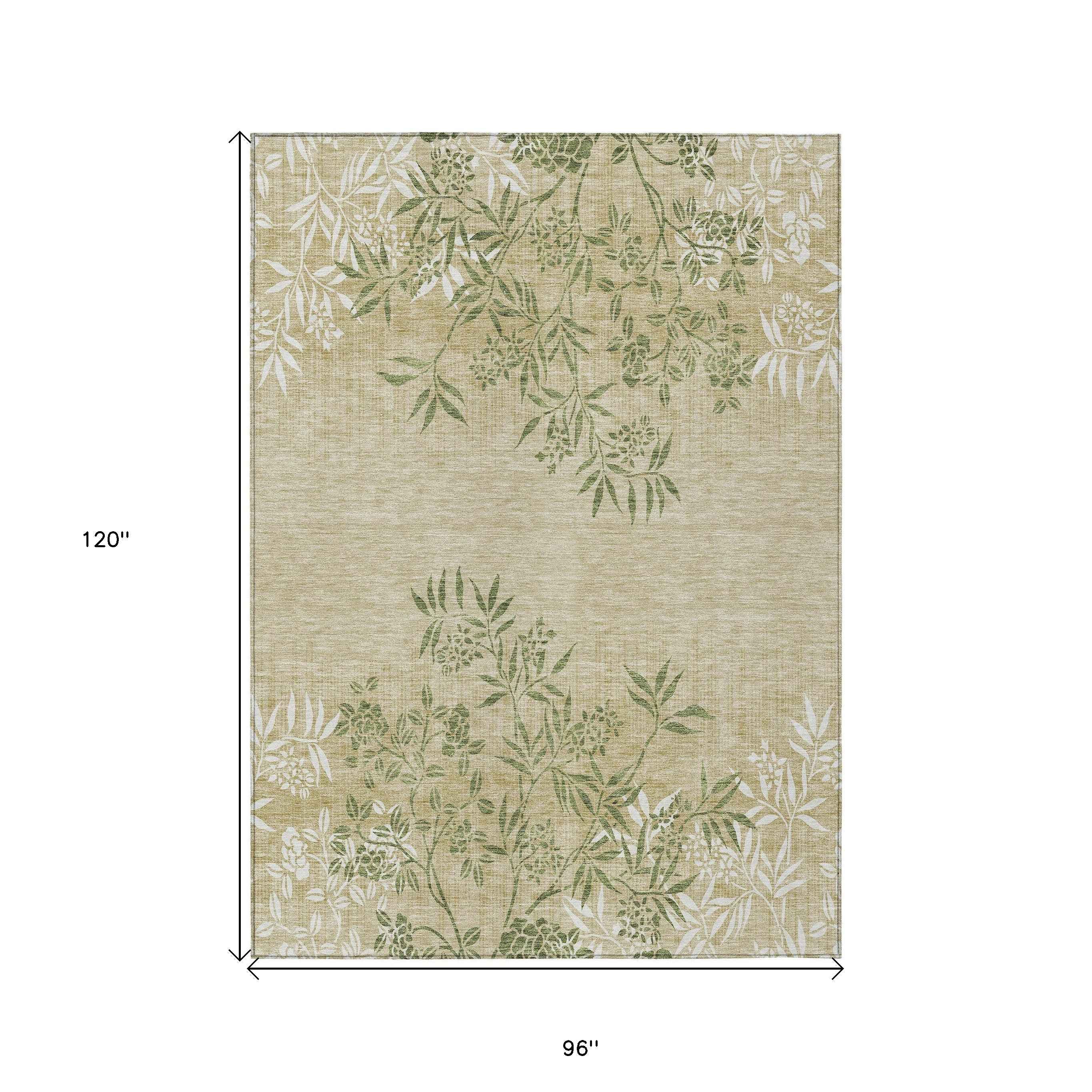 8' X 10' Khaki Ivory And Green Floral Washable Indoor Outdoor Area Rug