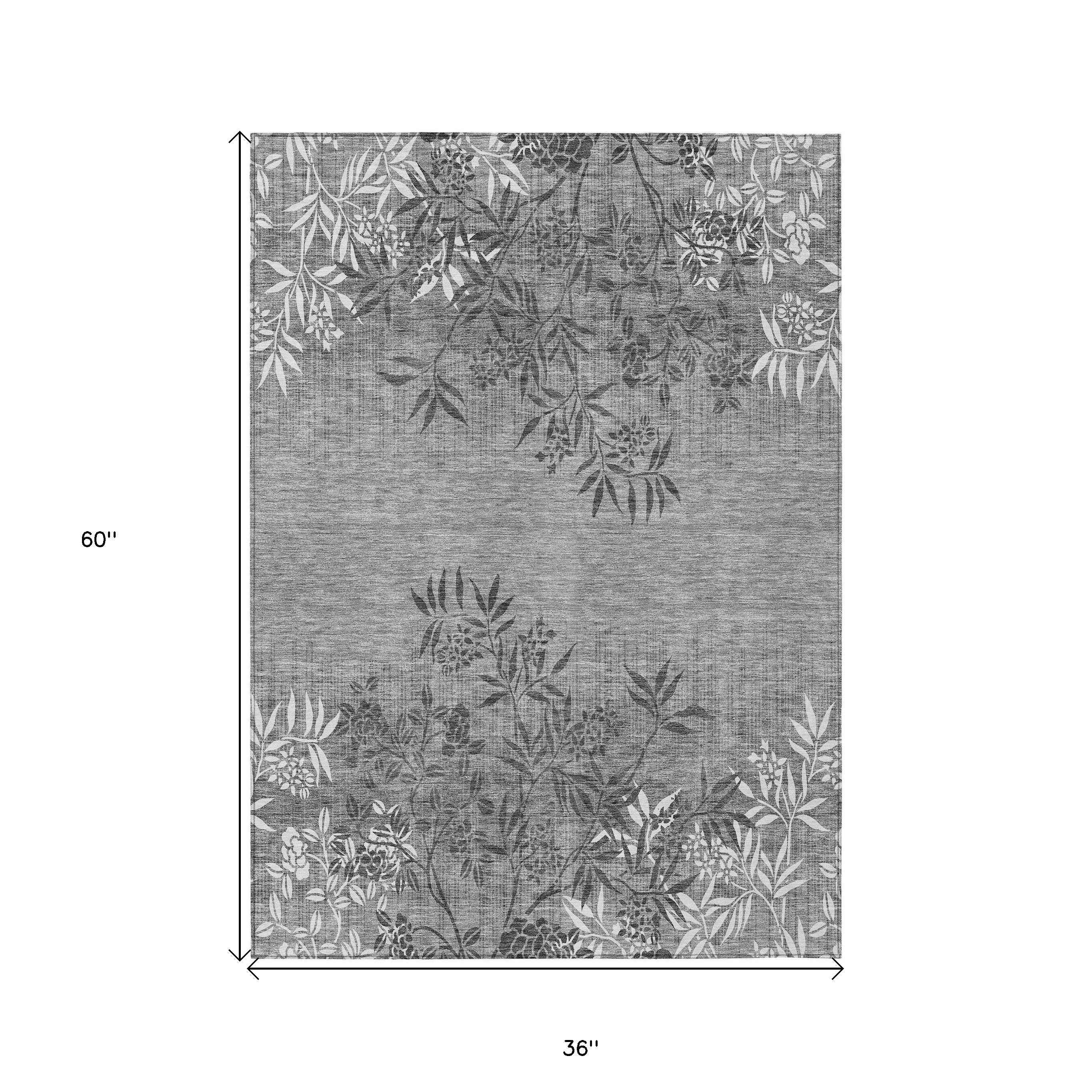 3' X 5' Gray Charcoal And Ivory Floral Washable Indoor Outdoor Area Rug