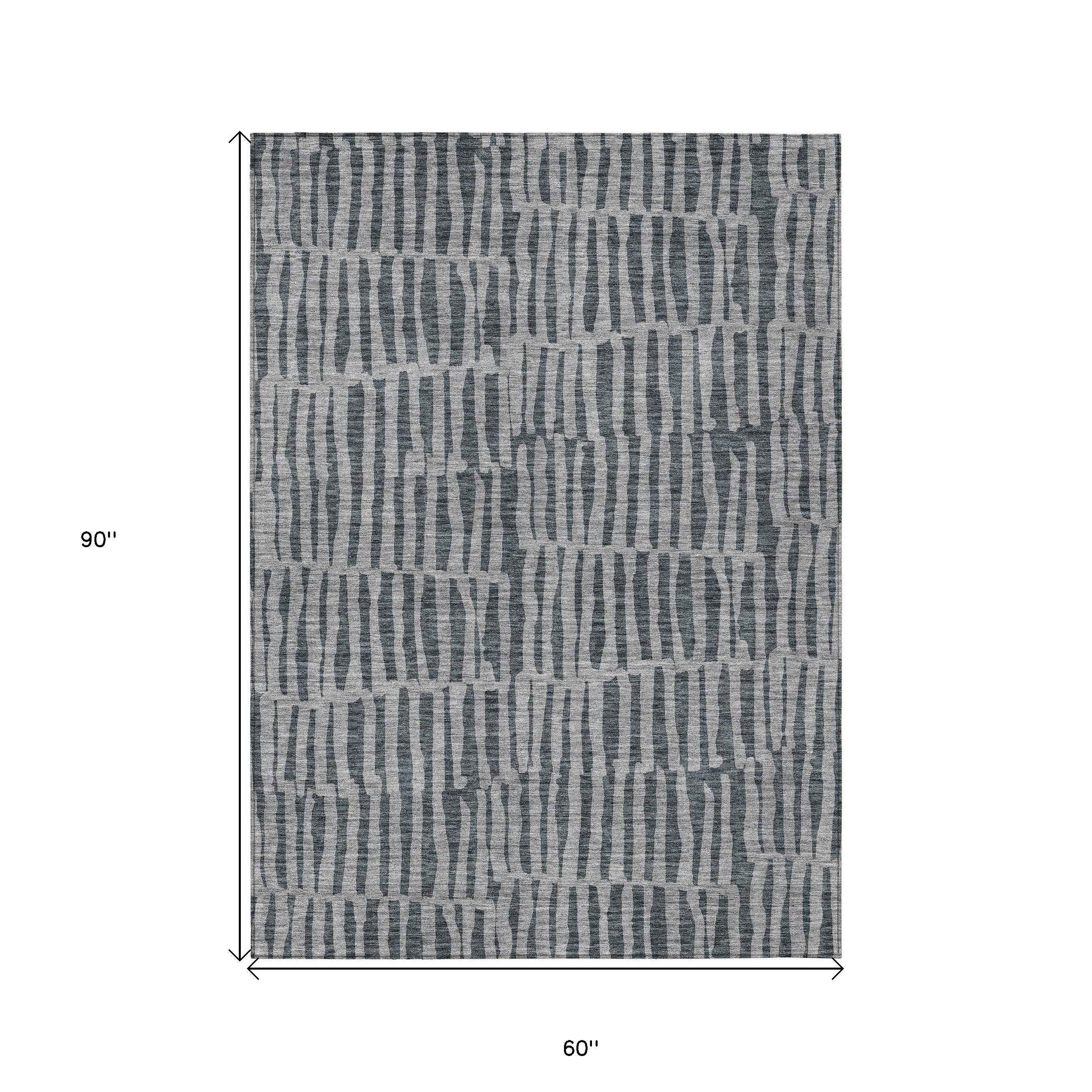 5' X 8' Charcoal And Gray Striped Washable Indoor Outdoor Area Rug