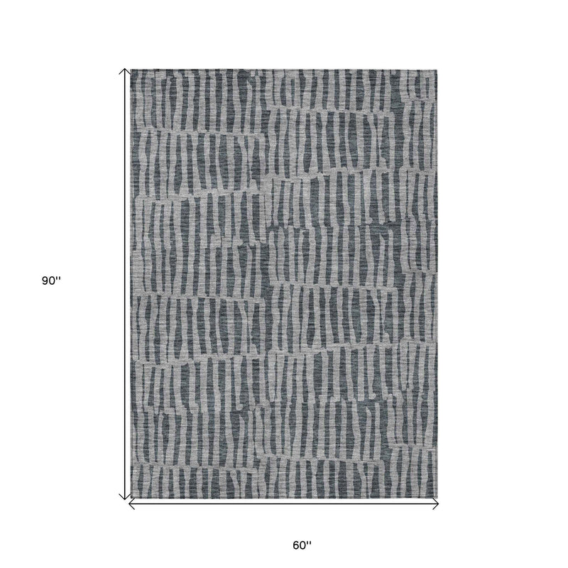 5' X 8' Charcoal And Gray Striped Washable Indoor Outdoor Area Rug