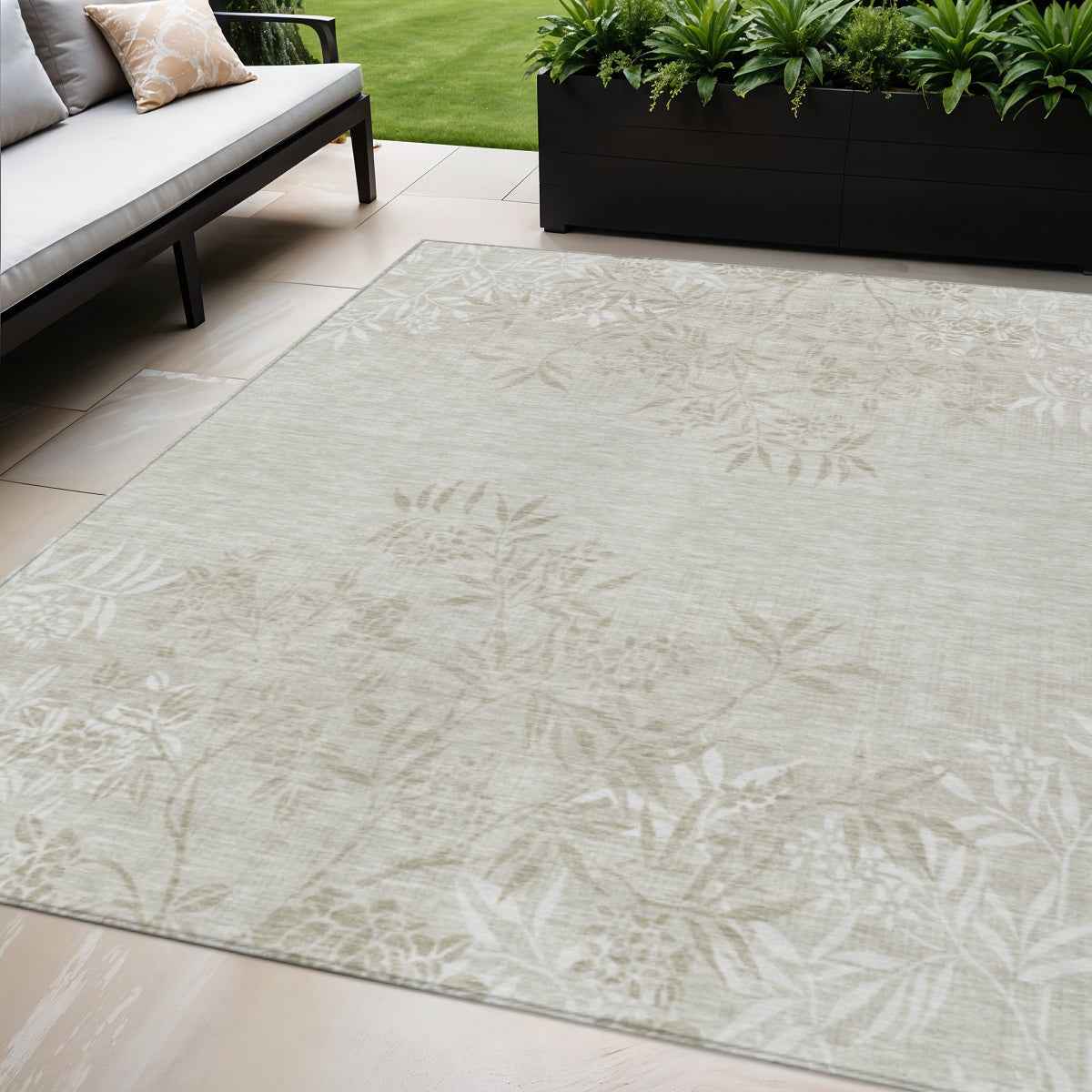 5' X 8' Beige Tan And Ivory Floral Washable Indoor Outdoor Area Rug