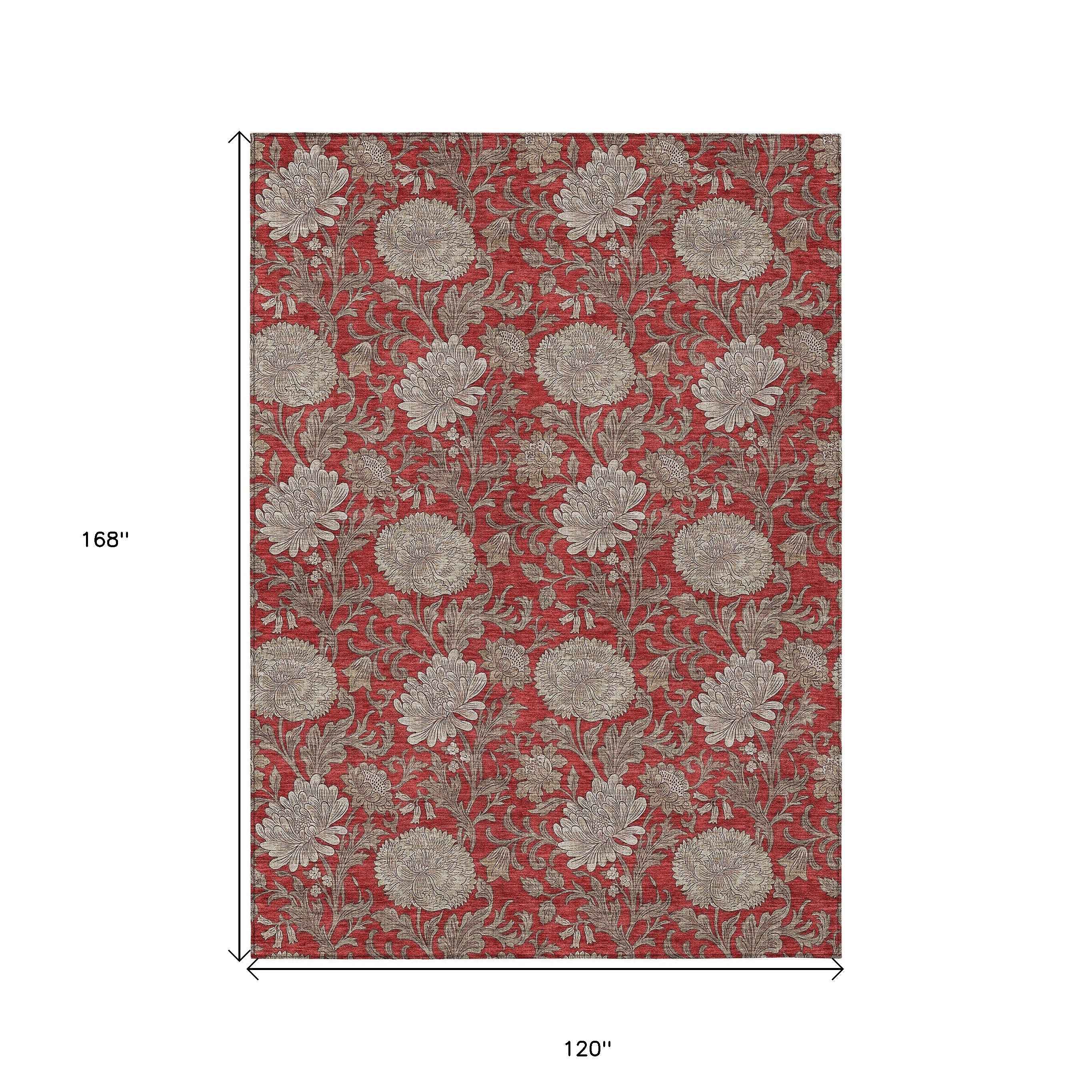 10' X 14' Red Taupe And Beige Floral Washable Indoor Outdoor Area Rug