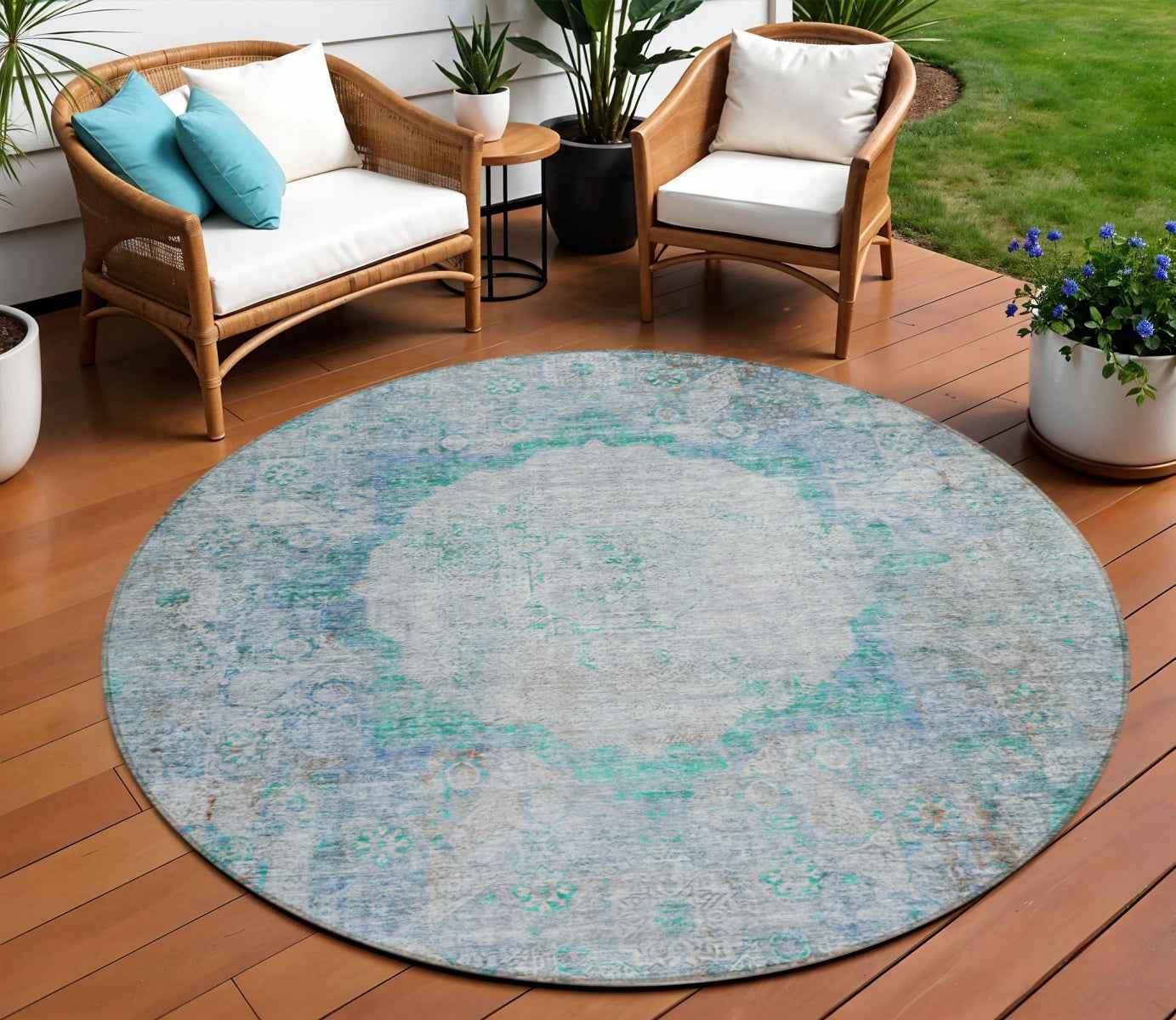 8' Teal Blue Aqua And Gray Round Oriental Washable Indoor Outdoor Area Rug