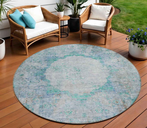 8' Teal Blue Aqua And Gray Round Oriental Washable Indoor Outdoor Area Rug